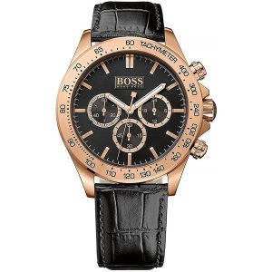 Hugo Boss Ikon Rose Gold Black Leather Mens Watch 1513179