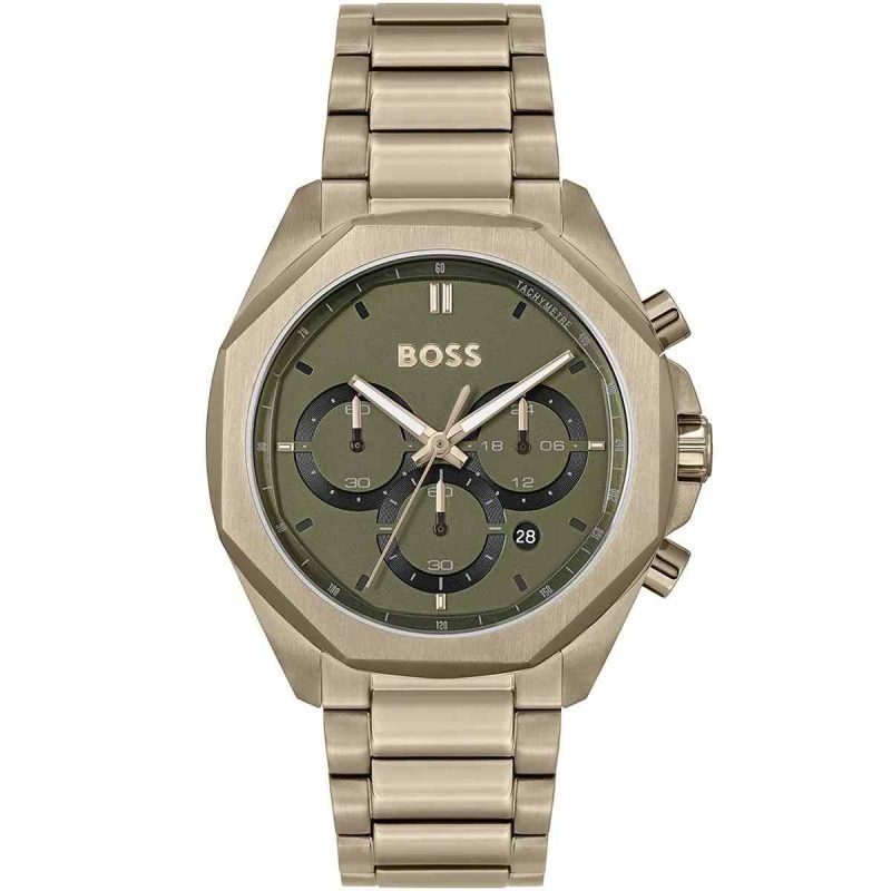 Hugo Boss Beige Gold Steel Olive Green Dial Chronograph Men's Watch 1514019