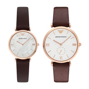 Emporio Armani AR9042 Rose Gold Tone White Dial Brown Leather Band Men's Watch
