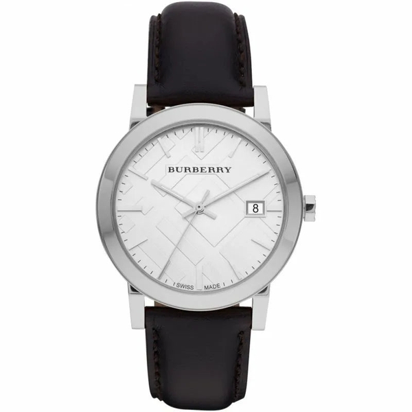 Burberry The City BU9008 Swiss-Made Unisex Watch - Black Leather Strap/White Dial