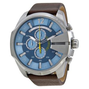 Diesel Mega Chief Oversized Chronograph Watch - Light Blue Dial, Brown Leather Strap (DZ4281)