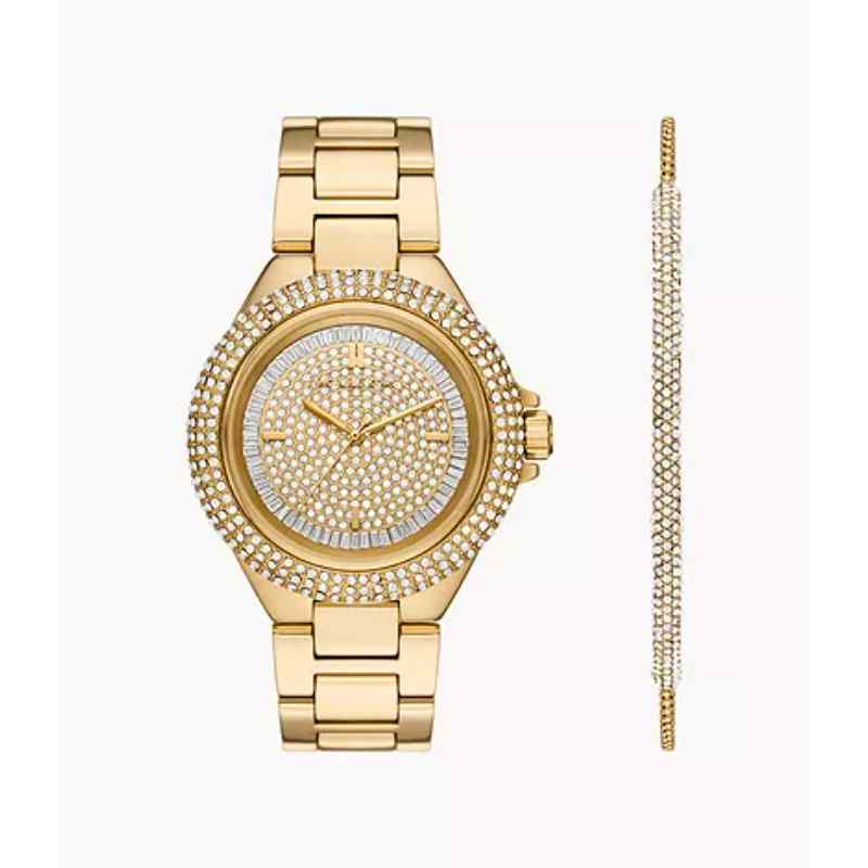 Michael Kors Camille Three Hand Crystals Gold Dial Gold Steel Strap Watch for Women MK1067
