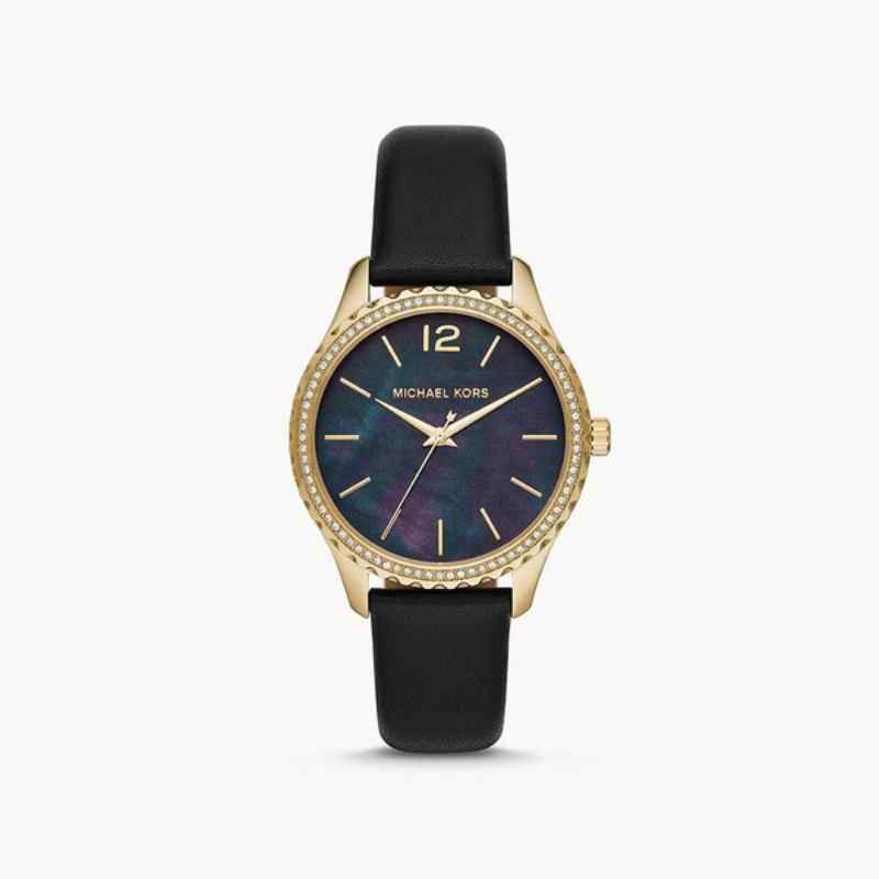 Michael Kors Layton Gold Tone Stainless Steel & Black Leather Women's Watch MK2911