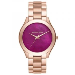 Michael Kors Slim Runway Rose Gold Tone Watch with Plum Mother of Pearl Dial MK3550