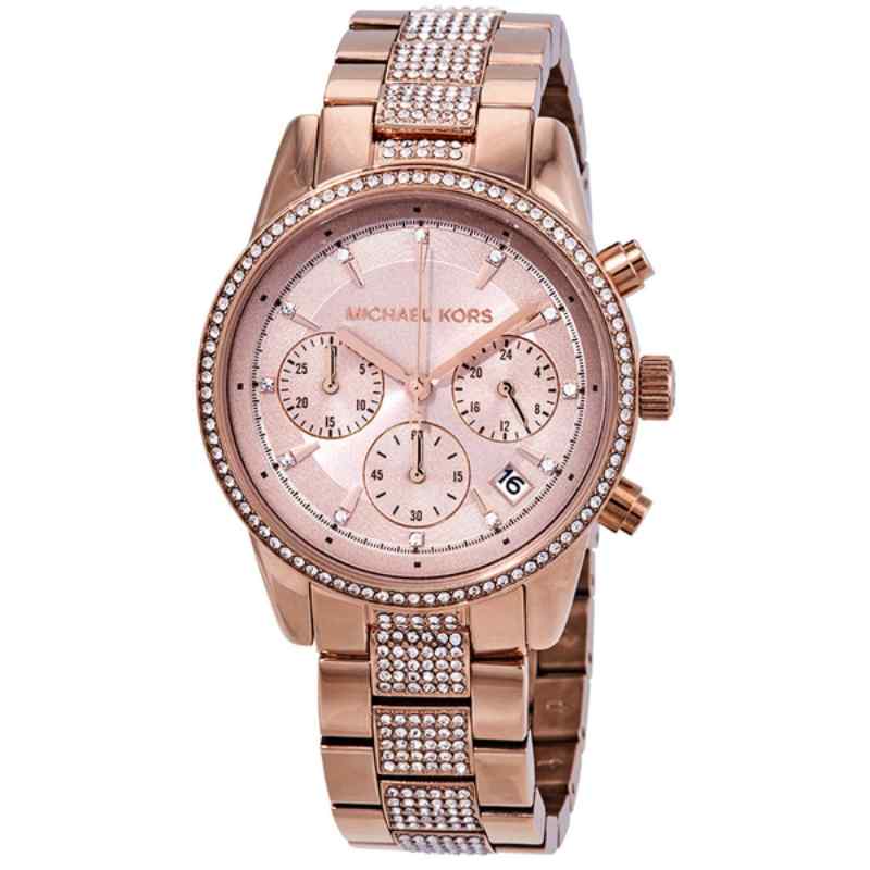 Michael Kors Ritz Pave Chronograph Rose Gold Tone Crystal Watch MK6485
