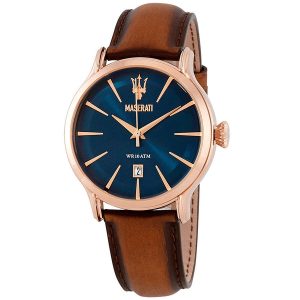 Maserati Epoca Men's Watch - Blue Dial, Rose Gold Case, Brown Leather Strap (R8851118001)