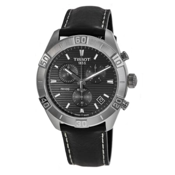Tissot PR 100 Sport Gent Chronograph Men's Watch - Black Dial, Leather Strap (44mm)