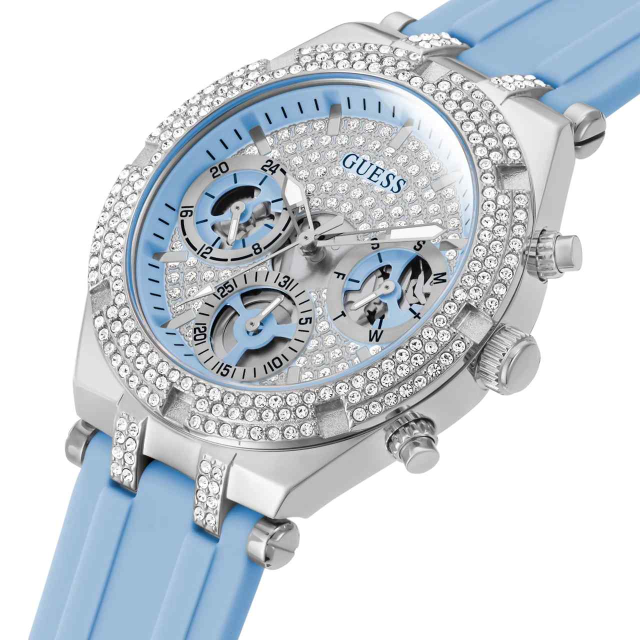 Guess Heiress Ladies Watch - 38mm Stainless Steel & Blue Silicone Strap GW0407L1 - Image 2