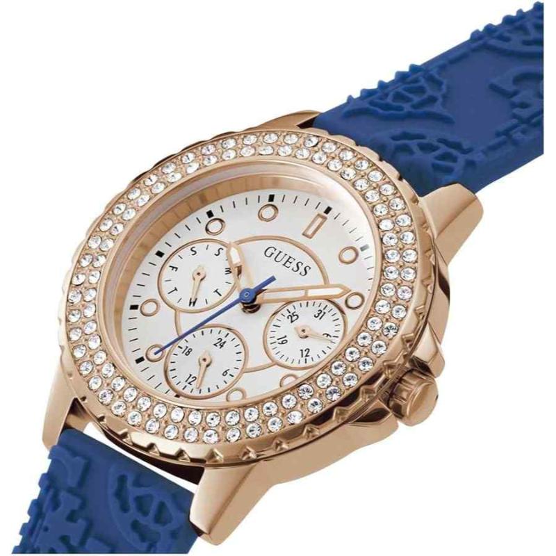 Guess Crown Jewel Ladies Multifunction Watch - 39mm Rose Gold PVD & Blue Silicone GW0411L2 - Image 2