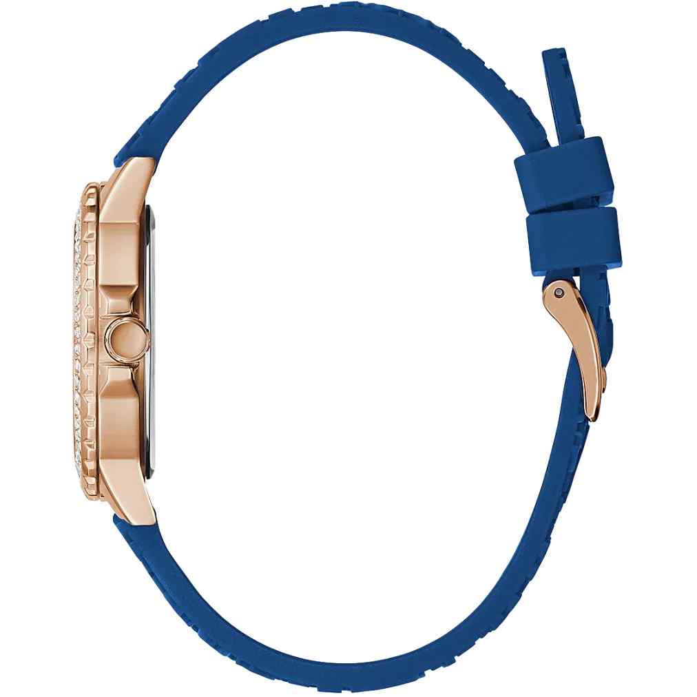 Guess Crown Jewel Ladies Multifunction Watch - 39mm Rose Gold PVD & Blue Silicone GW0411L2 - Image 3