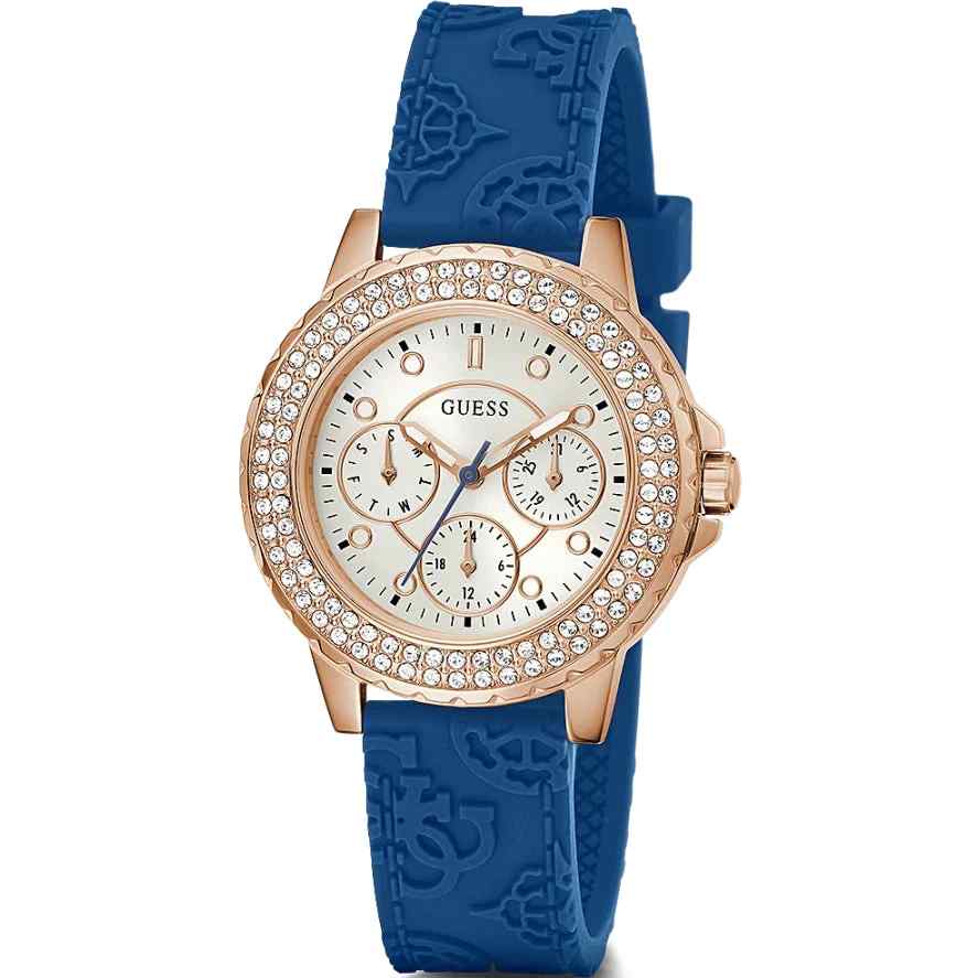 Guess Crown Jewel Ladies Multifunction Watch - 39mm Rose Gold PVD & Blue Silicone GW0411L2