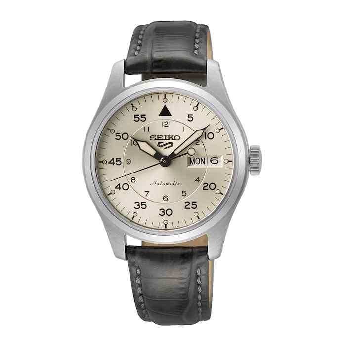 Seiko 5 Sports ‘Champagne Flieger’ Pilot/Aviation Style Automatic Champagne Dial Leather Strap Watch SRPJ87K1