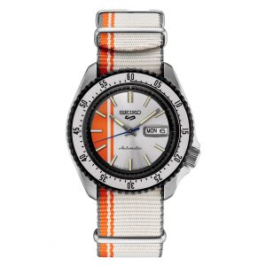 Seiko 5 SRPK73 Sports US Special Edition Analogue Orange Grey Nylon Strap Automatic Dive Watch with Silver Dial