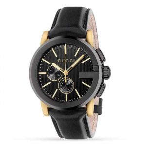 Gucci G-Chrono Black Dial Watch - Gold PVD & Black Leather Strap YA101203