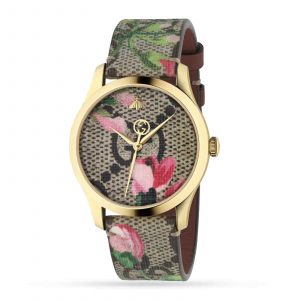 Gucci G-Timeless YA1264038A Pink Blooms Floral Fabric Strap Gold PVD Women's Watch