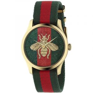 Gucci G-Timeless Unisex Green/Red Web Bee Watch - 38mm Gold PVD & Fabric Strap YA126487