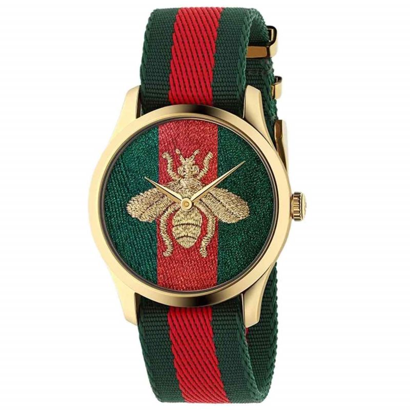 Gucci G-Timeless Unisex Green/Red Web Bee Watch - 38mm Gold PVD & Fabric Strap YA126487A