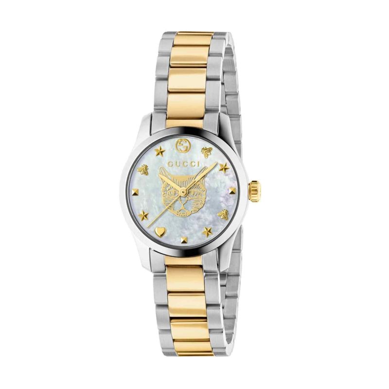 Gucci G-Timeless Ladies Two-Tone Cat Head Watch - 29mm White Mother-of-Pearl Dial YA1265012