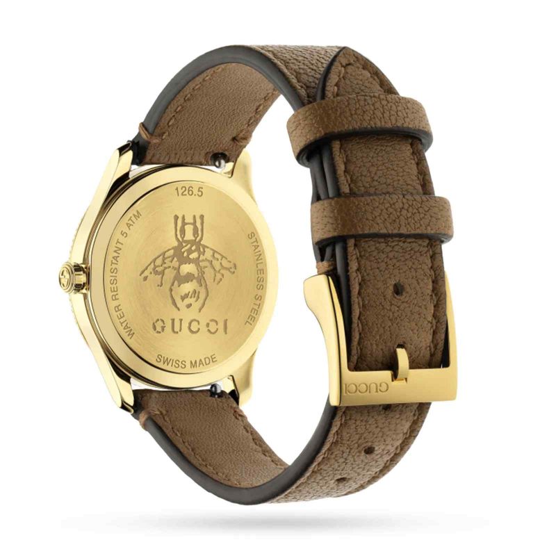 Gucci G-Timeless Ladies Gold PVD Bee Watch - 29mm Silver Dial & Brown Leather Strap YA1265022 - Image 3