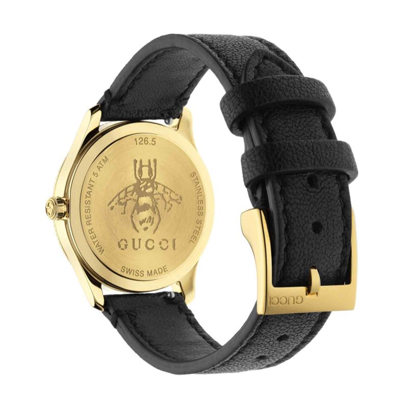 Gucci G-Timeless Ladies Gold PVD Bee Watch - 29mm Silver Dial & Black Leather Strap YA1265023 - Image 4