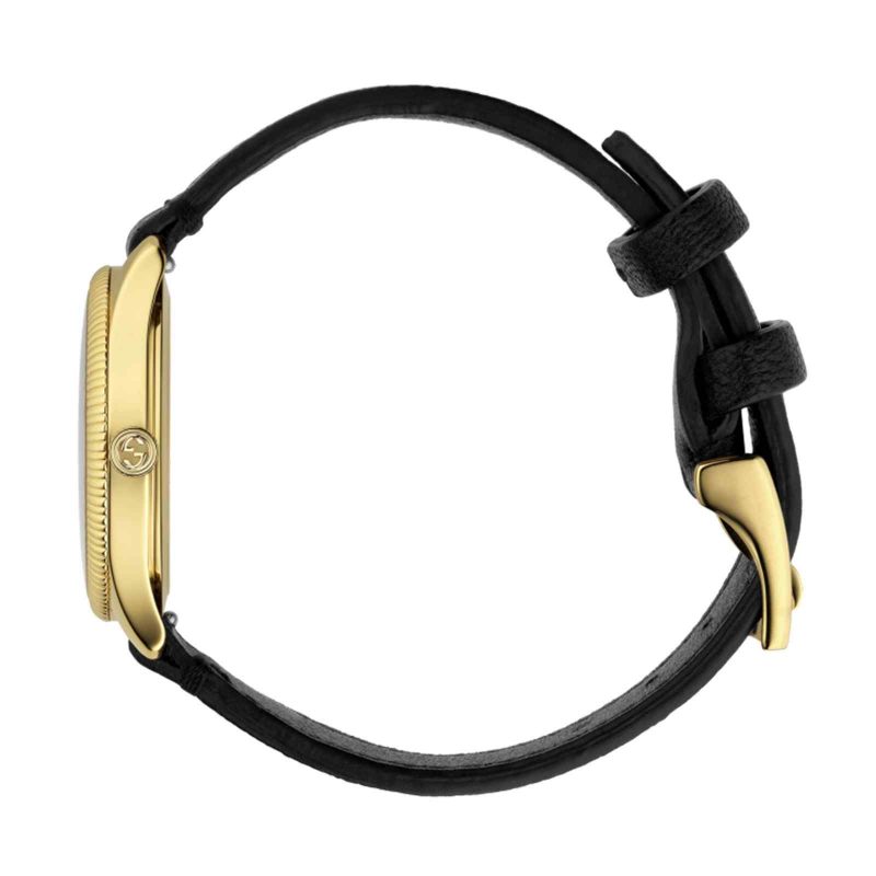 Gucci G-Timeless Ladies Gold PVD Bee Watch - 29mm Silver Dial & Black Leather Strap YA1265023 - Image 3