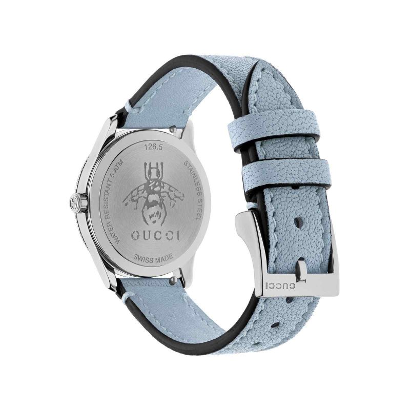 Gucci G-Timeless Ladies Silver Bee Watch - 29mm Stainless Steel & Blue Leather Strap YA1265039 - Image 3