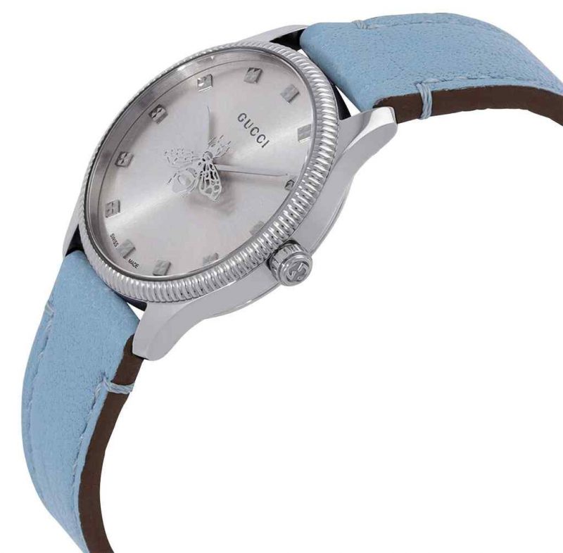 Gucci G-Timeless Ladies Silver Bee Watch - 29mm Stainless Steel & Blue Leather Strap YA1265039 - Image 2
