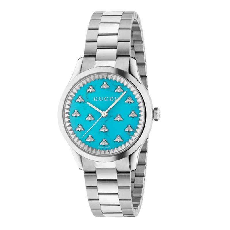 Gucci G-Timeless Ladies Turquoise Bee Watch - 29mm Stainless Steel & Bracelet YA1265044