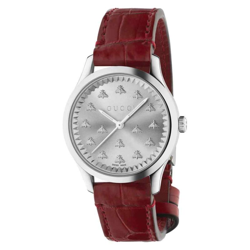 Gucci YA1265057 G-Timeless Women’s Watch – Silver Dial, Red Leather Strap