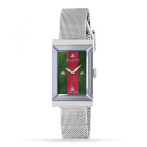 Gucci G-Frame Ladies Green Red Web Bee Watch - Rectangular Steel Case & Mesh Bracelet YA147401