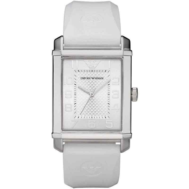 Emporio Armani Ladies Classic Watch - AR0498 Rectangular White Rubber Strap