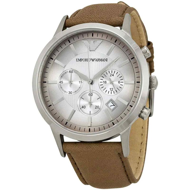 Emporio Armani Men's Chronograph Watch - AR2471 Silver Dial & Brown Leather Strap